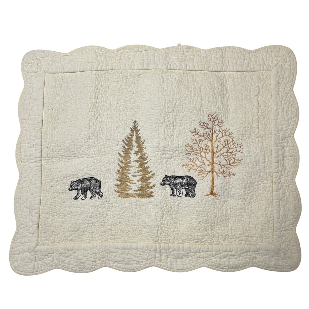 Donna Sharp Pillow Sham Ivory Forrest Bear Embroidered Wildlife Cabin Trees